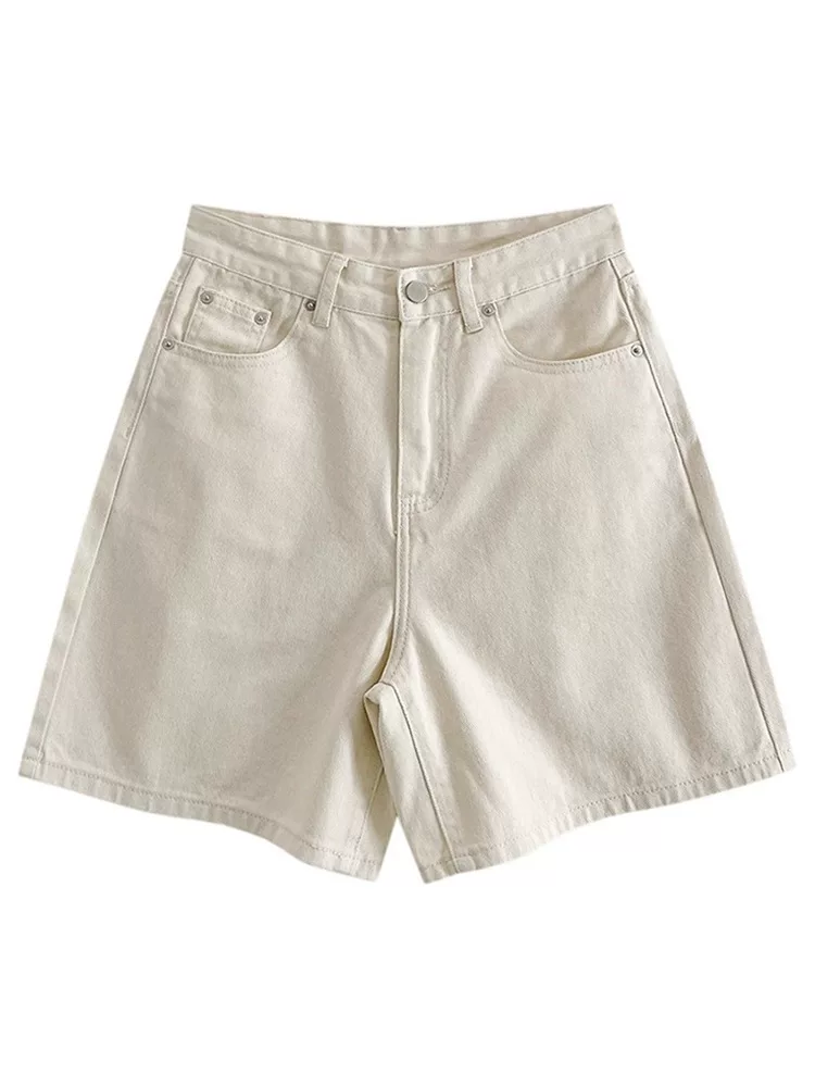 Thân hình quả lê, quần short denim màu trắng nhạt dành cho nữ, mùa hè, cỡ lớn, lưng cao, dáng rộng, dáng thon gọn, quần ống rộng, quần short dài vừa phải.