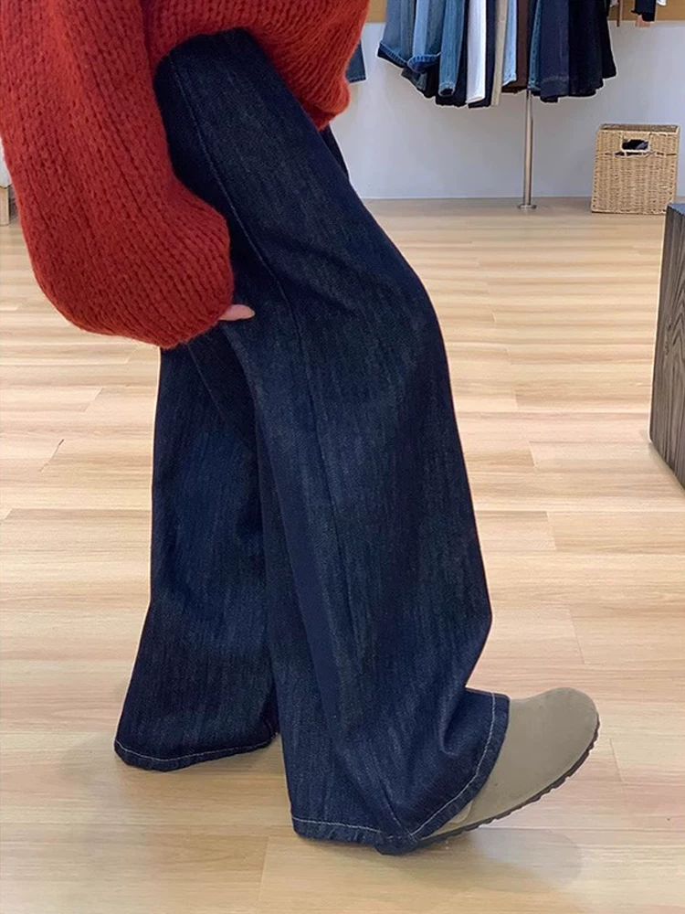 Quần jean ống rộng màu xanh đậm dành cho nữ, kiểu dáng mùa xuân mới, cỡ lớn, lưng cao, tôn dáng, giản dị, rộng rãi, mềm mại, quần dài chạm sàn.