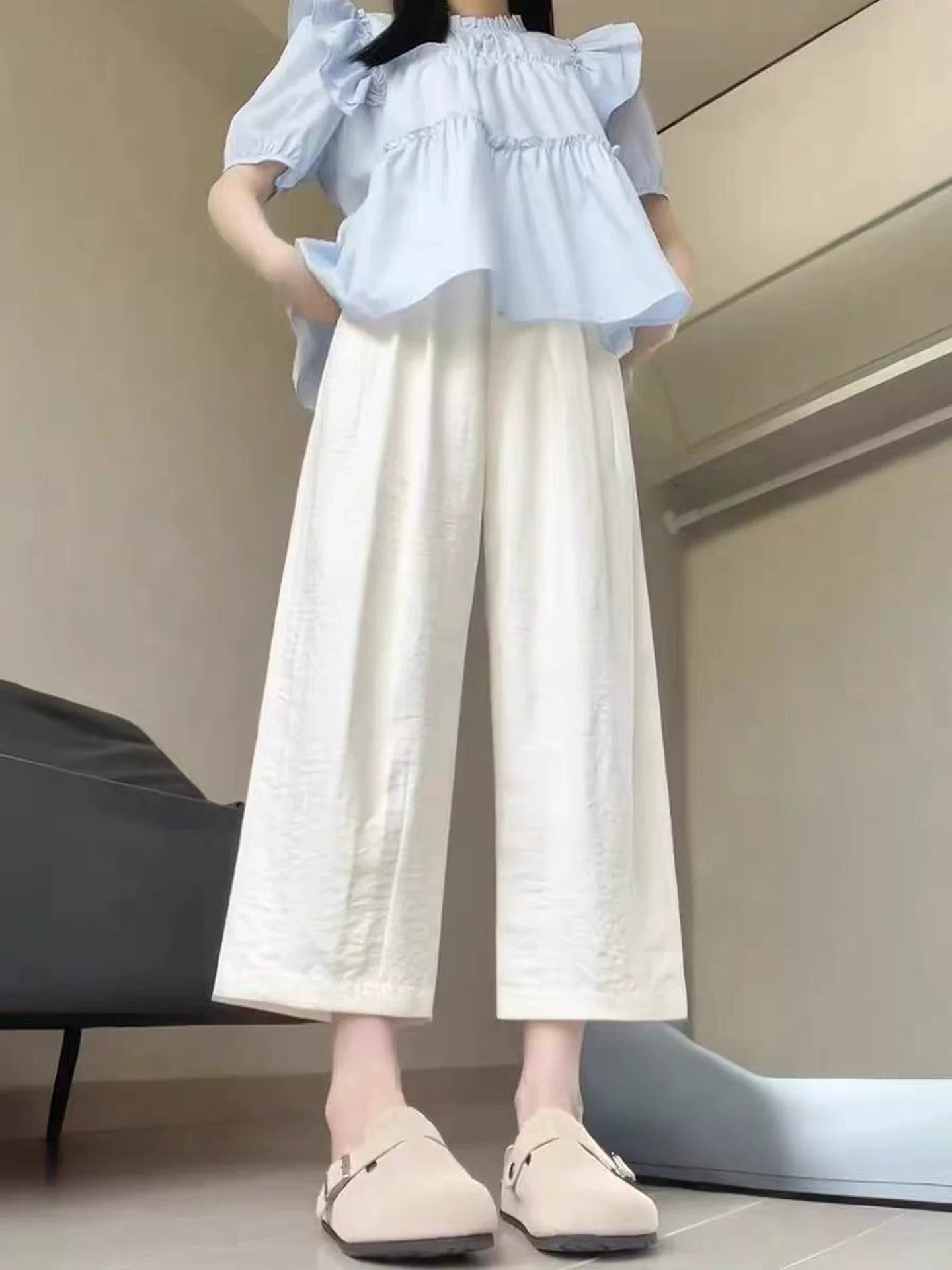 Quần âu trắng cho nữ, kiểu dáng mỏng mùa hè, cỡ lớn, lưng cao, dáng rộng, giảm béo, quần bóng dáng rộng, quần ống rộng mây.