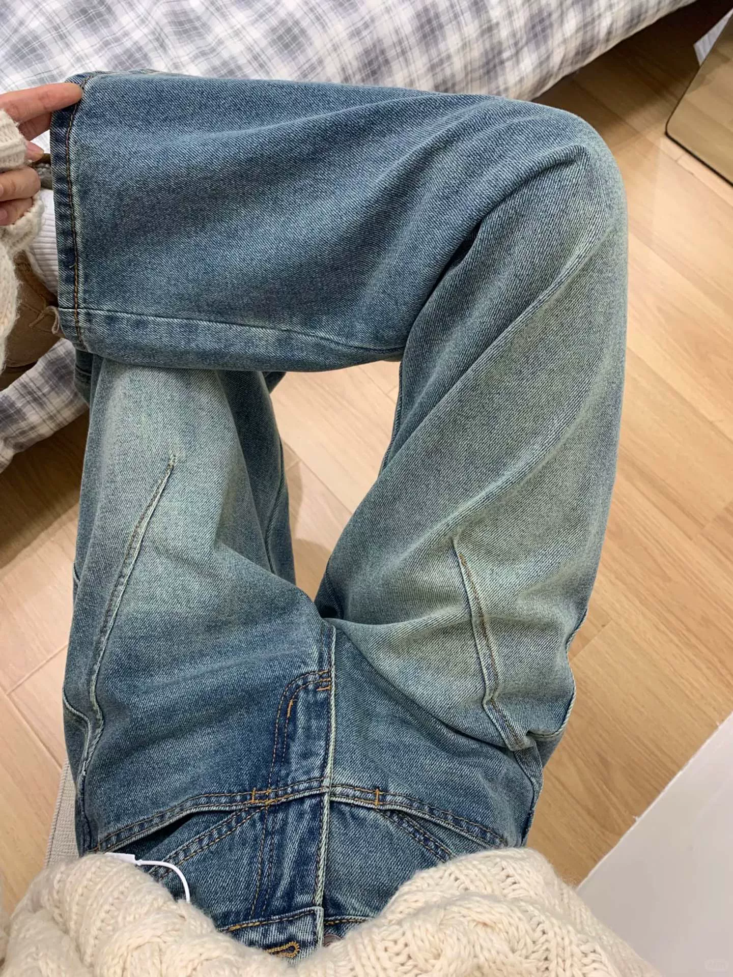 Quần jean viền cong dành cho nữ, phong cách mùa thu mới, cỡ lớn, lưng cao, dáng rộng, giảm béo, dáng quả lê, nhỏ nhắn, quần ống rộng