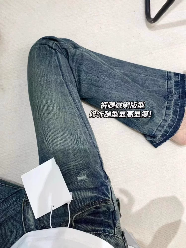 Quần jean dáng loe kiểu Mỹ cổ điển dành cho nữ, size lớn mùa thu, kiểu dáng thời trang, cạp cao, che hông, quần ống chuông tôn dáng.