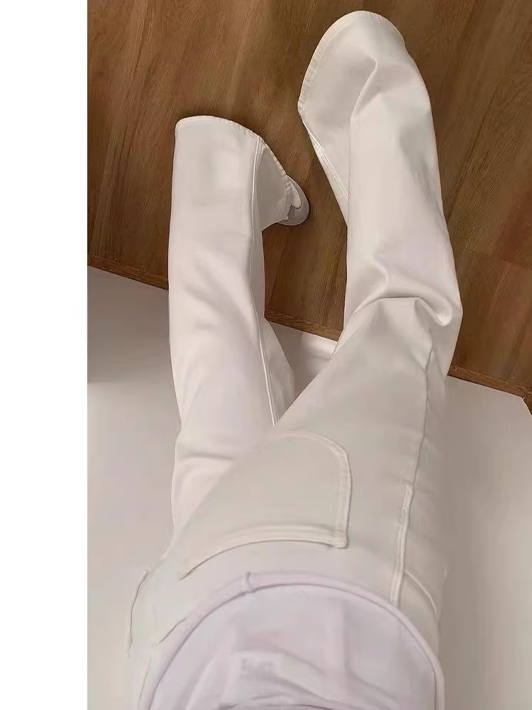 Quần jean trắng dáng loe nữ, thu đông 2025, size lớn, cạp cao, co giãn, tôn dáng, dành cho người có dáng quả lê, quần ống chuông