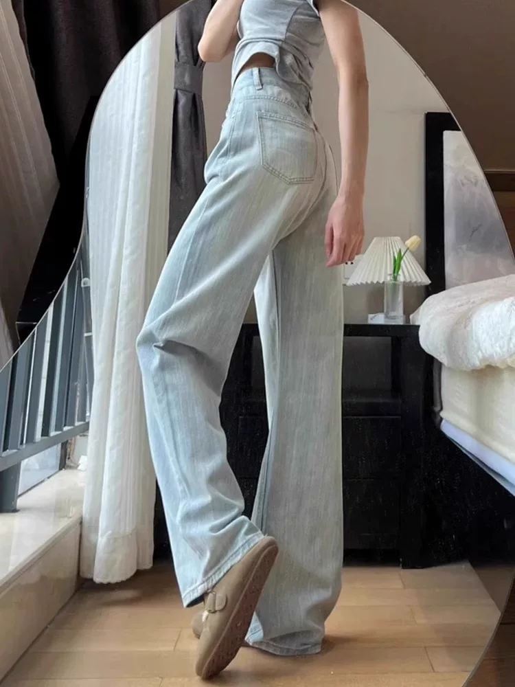 Quần jean nữ ống đứng màu xanh nhạt, chất liệu có vân, size lớn mùa xuân, cạp cao, dáng rộng, tôn dáng, quần ống rộng rách