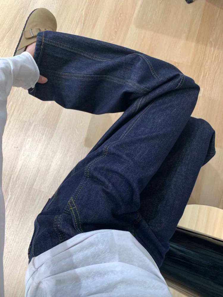 Quần jean ống đứng màu xanh đậm dáng quả lê dành cho nữ đầu thu cỡ lớn quần ống rộng che hông eo cao giúp giảm béo