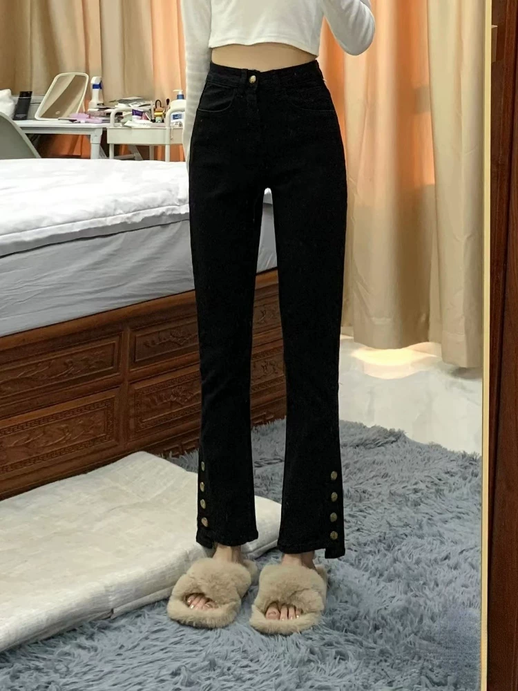 Quần jean nữ dáng chuông, lót lông cừu, dày dặn, ống thẳng hơi loe, size lớn, cạp cao, co giãn, che hông.