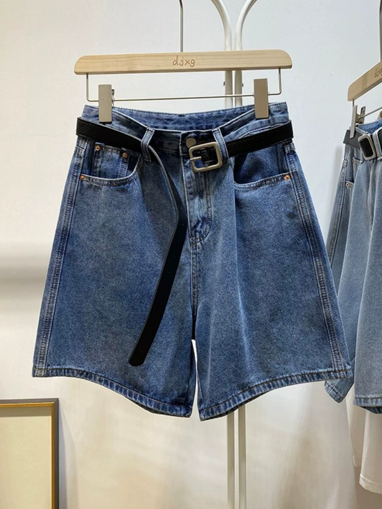 Quần short denim dáng lê dành cho nữ, kiểu dáng mỏng mùa hè, cỡ lớn, lưng cao, dáng rộng, tôn dáng, quần ống rộng dáng chữ A.