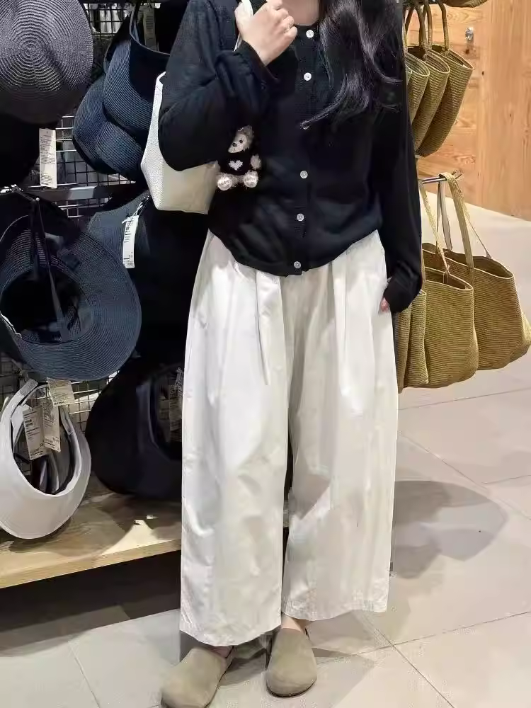 Quần ống rộng màu trắng dành cho nữ, quần Yamamoto kiểu dáng mùa hè mới, cỡ lớn, lưng cao, dáng rộng, dáng suông, quần bóng dáng rộng.