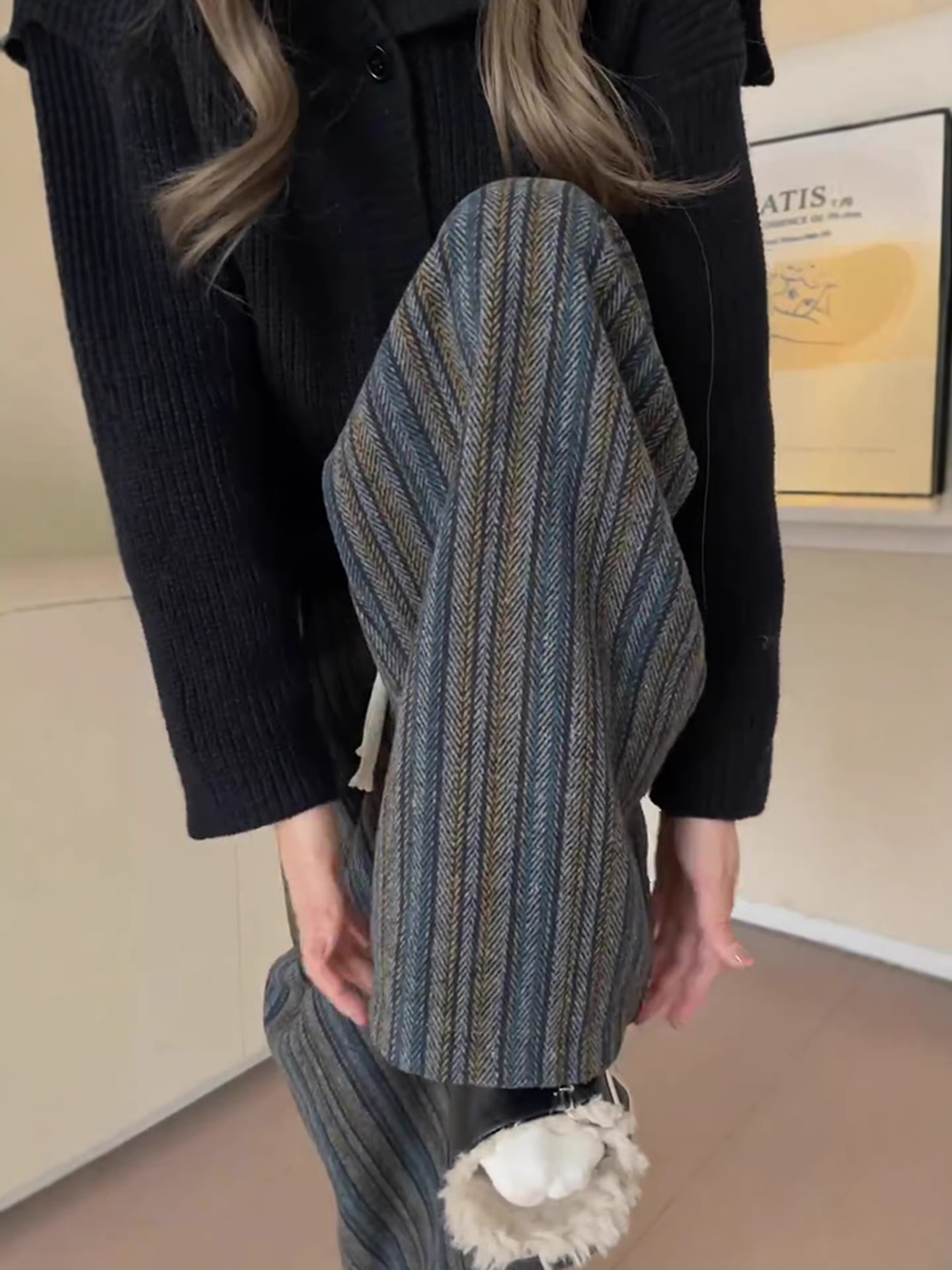 Quần ống rộng len sọc retro dành cho nữ trong mùa thu đông phong cách mới cỡ lớn béo mm lưng cao dáng rộng dáng suông giúp giảm béo quần thường ngày