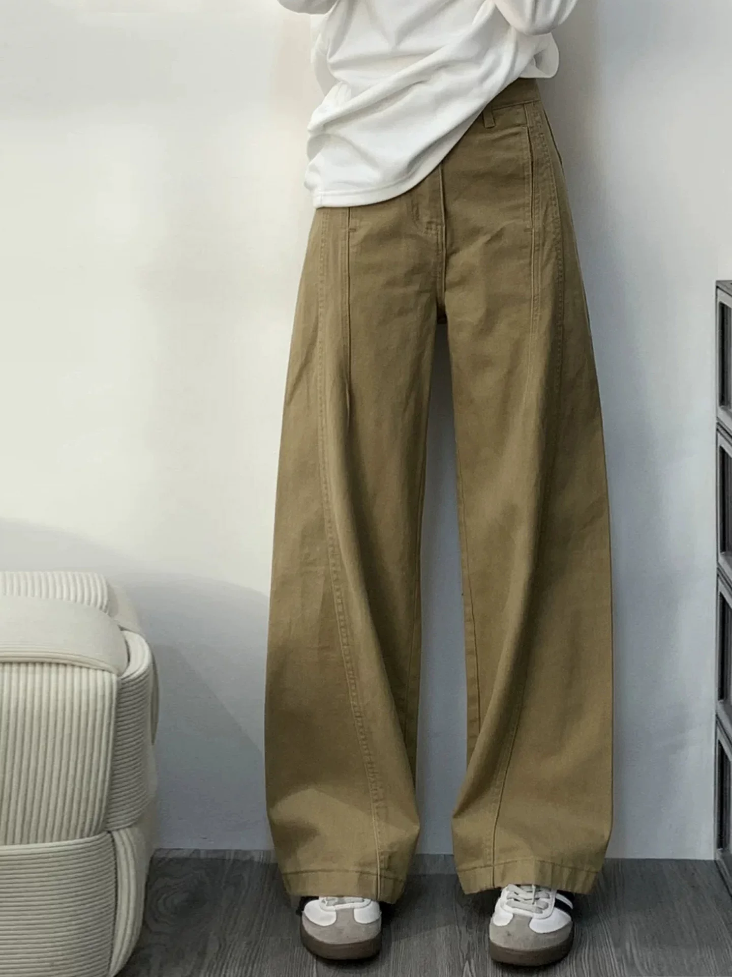 Quần kaki ống rộng cho nữ, mùa thu, cỡ lớn, lưng cao, dáng rộng, mềm mại, dáng nhỏ nhắn, quần denim ống thẳng