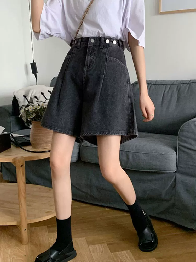 Quần short denim lưng cao cỡ lớn dành cho nữ, kiểu dáng mùa hè mới, dáng quả lê, dáng rộng, tôn dáng, quần năm điểm, quần ống rộng chữ A.