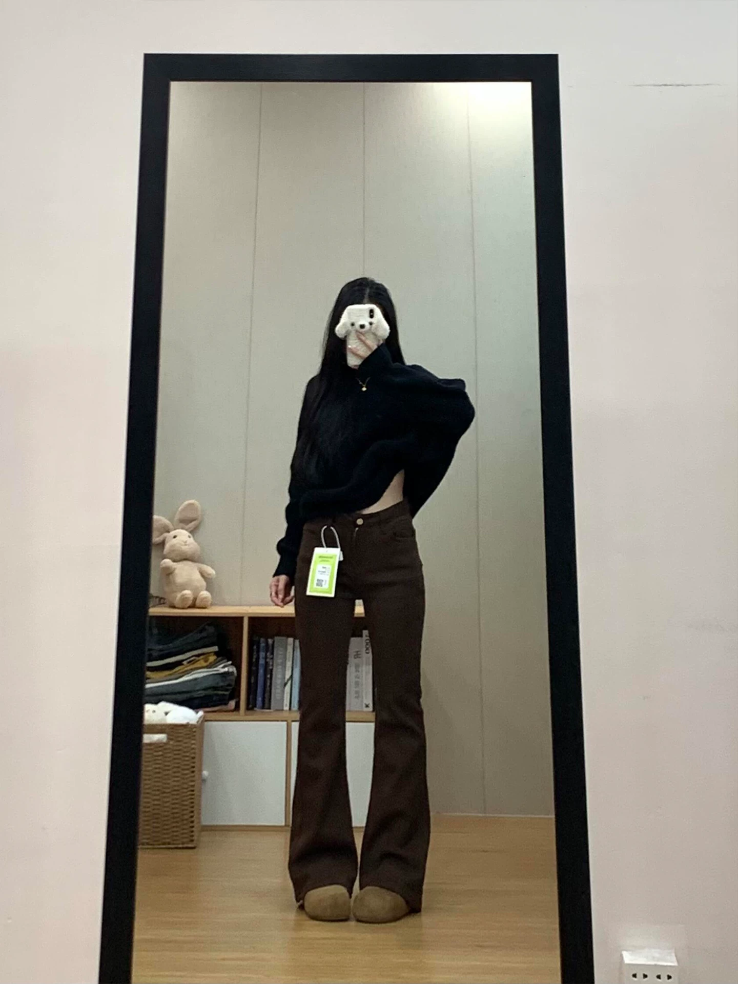 Quần jean ống loe màu nâu dành cho nữ, mùa thu đông, lót lông cừu, cỡ lớn, lưng cao, co giãn, giảm béo, dáng quả lê, quần ống chuông