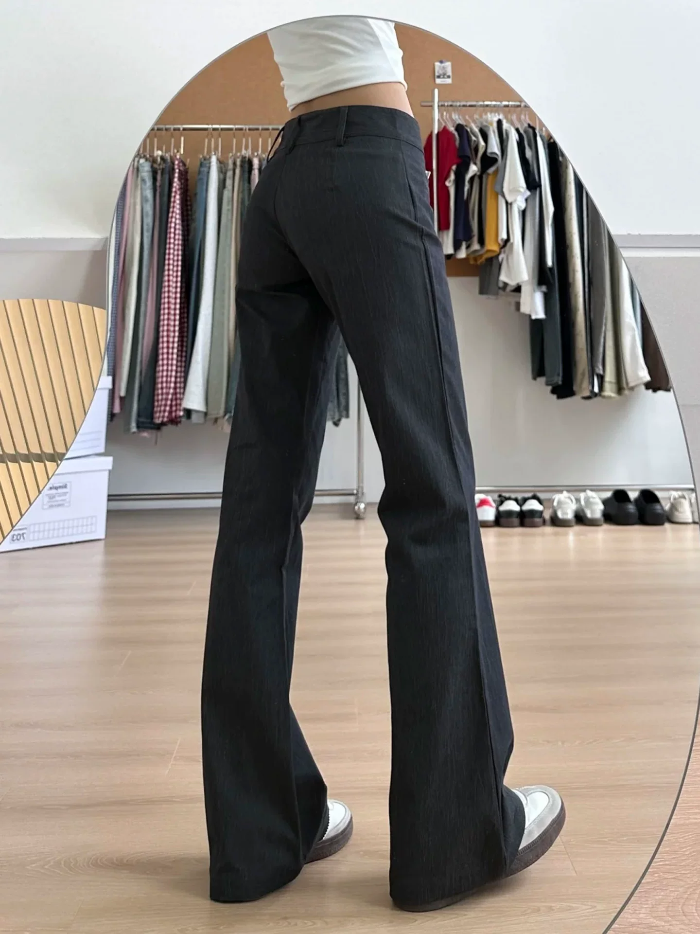 Quần âu kiểu Mỹ dành cho nữ, mùa thu, cỡ lớn, cạp cao, tôn dáng, chất liệu có vân, ôm dáng, hơi loe.