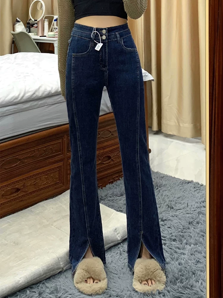 Quần jean dáng chữ lê, xẻ tà hơi rộng dành cho nữ, cỡ lớn, đầu thu, lưng cao, co giãn, che hông, giảm béo, quần ống thẳng