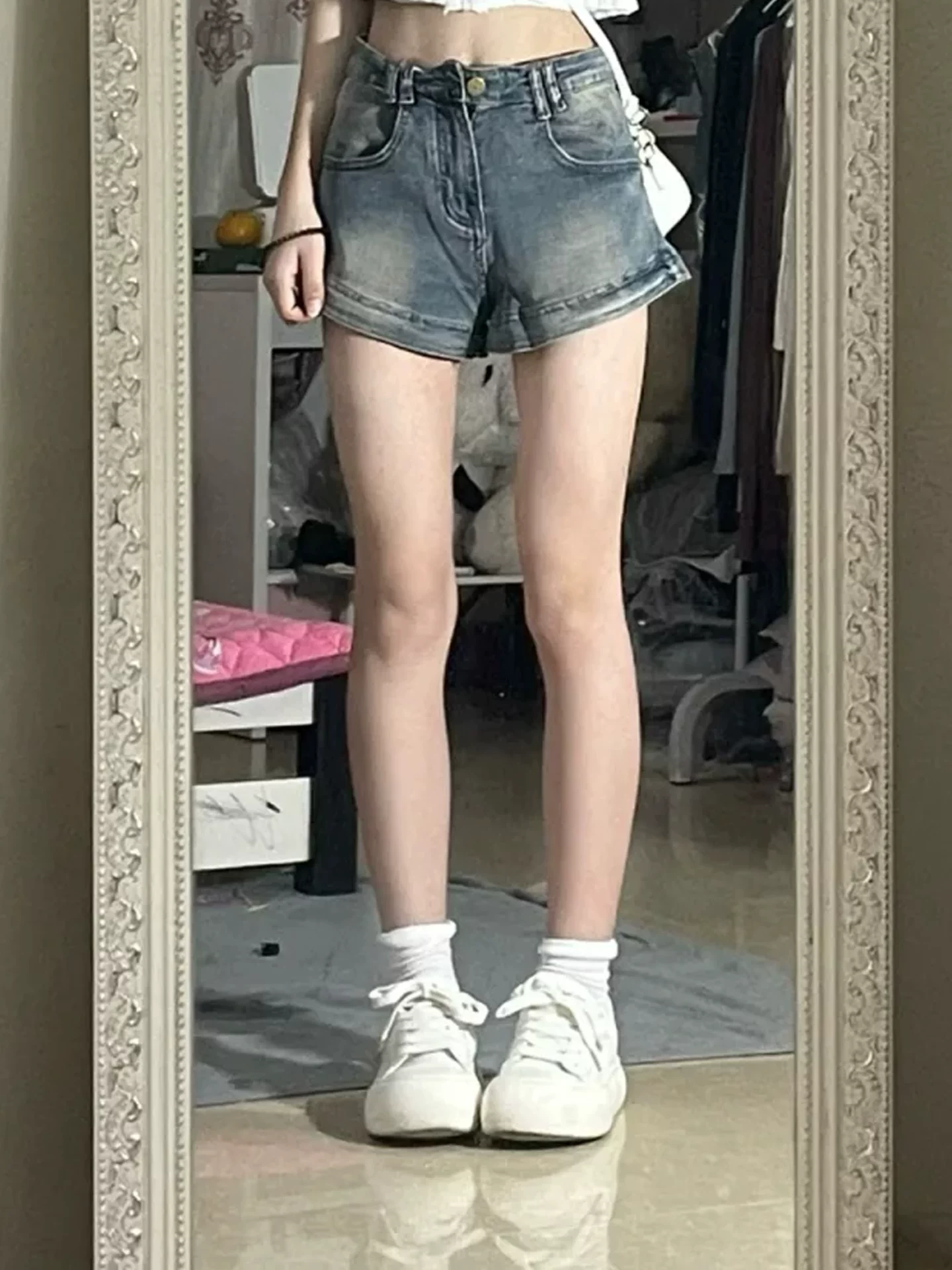 Quần short denim nữ cho mùa hè, mỏng, cỡ lớn, lưng cao, co giãn, che hông, nhỏ nhắn, tăng chiều cao, giảm béo, quần chữ A