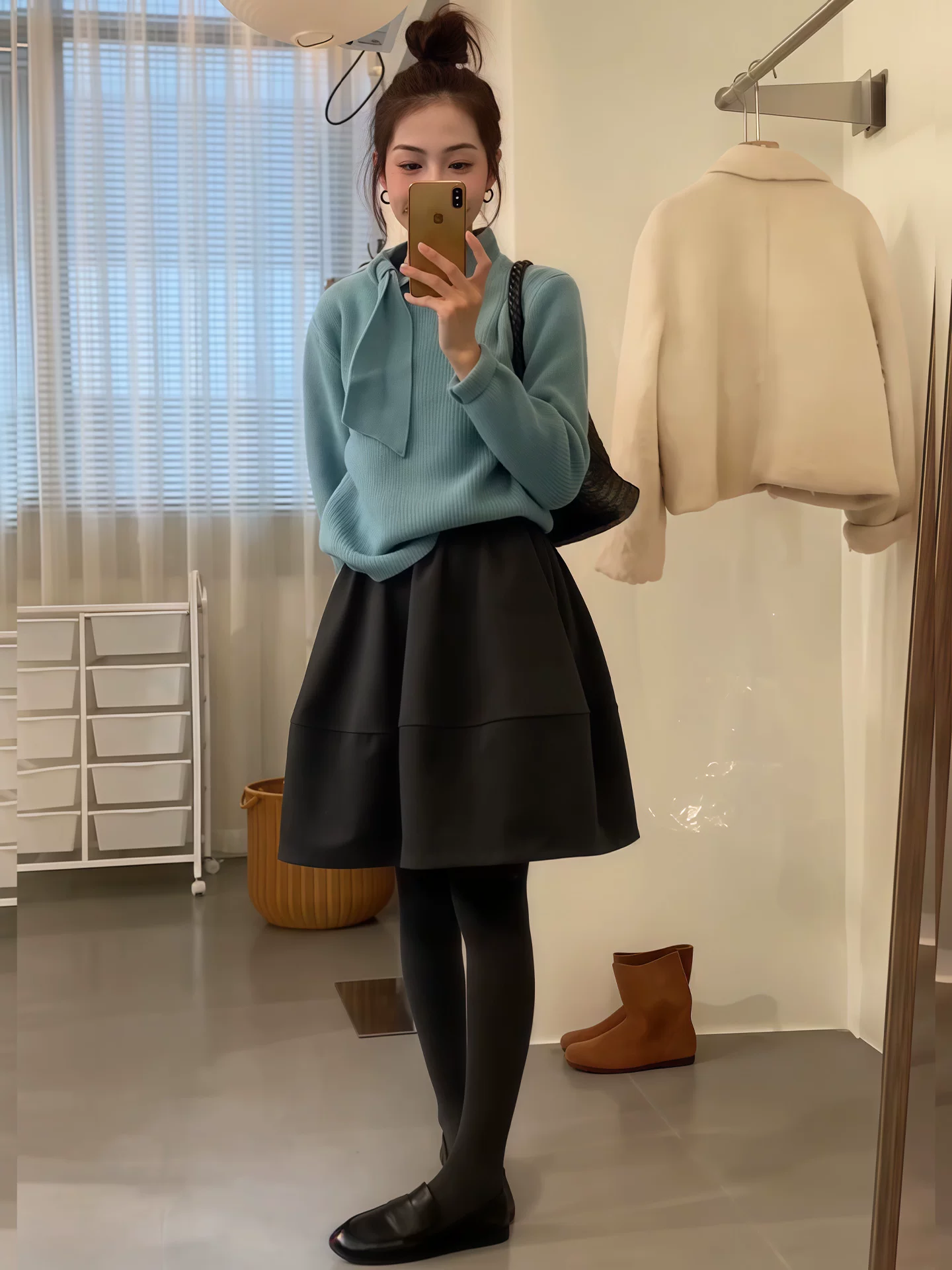 Váy len màu xám dành cho nữ, mùa thu đông, cỡ lớn, lưng cao, váy chữ A dáng ôm, váy ngắn dáng bồng hoa nụ năm cánh.