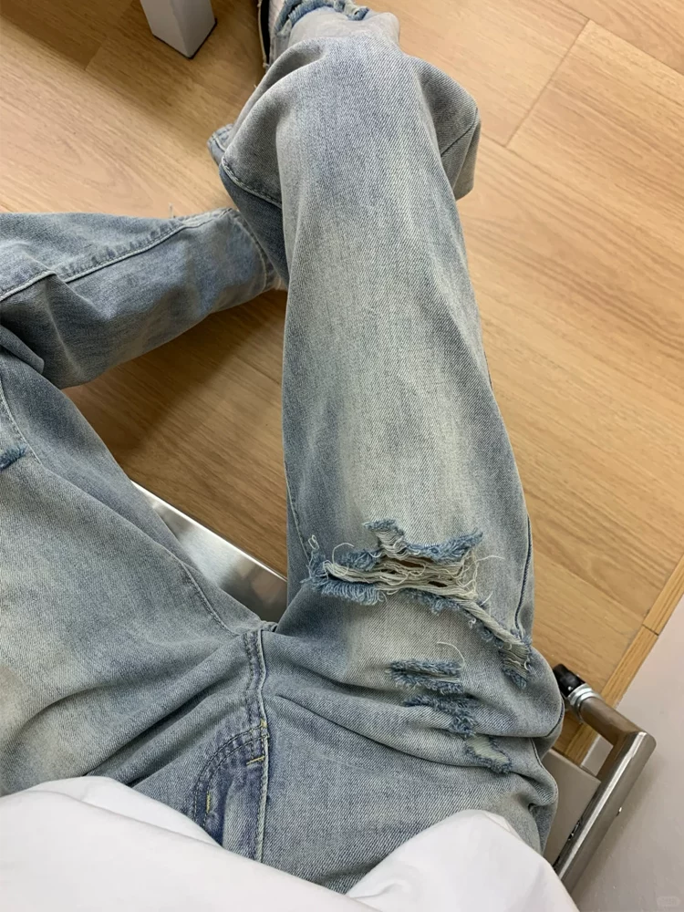 Quần jean xanh vintage rách gối dáng thẳng dành cho nữ, kiểu dáng mùa hè mới, size lớn, dáng quả lê, cạp cao, quần ống rộng tôn dáng