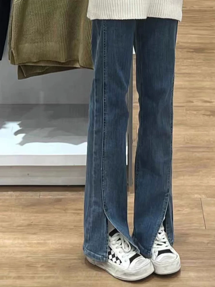 Quần jean dáng thẳng xẻ tà hình quả lê dành cho nữ, quần dài rộng ống rộng cạp cao có lót lông cừu mùa thu đông cỡ lớn dành cho người béo mm