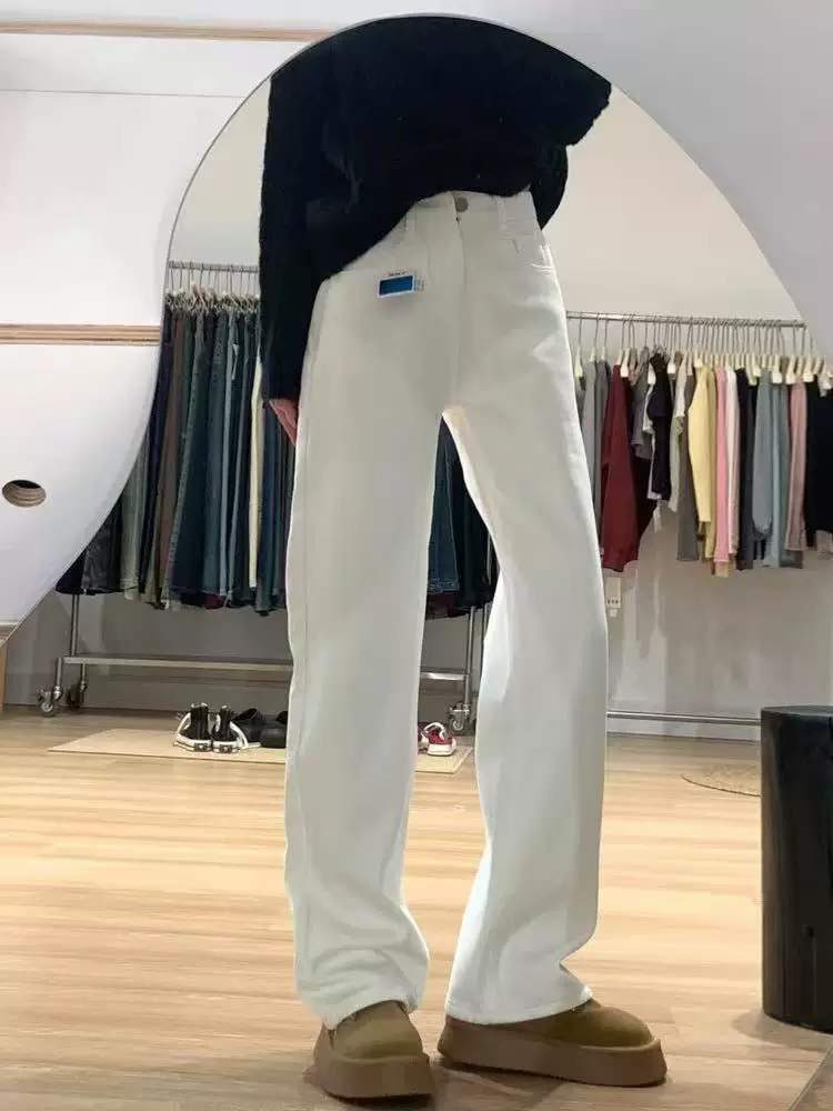 Quần jean trắng dáng thẳng dành cho nữ, mùa thu đông, cỡ lớn, lưng cao, dáng rộng, dáng thon gọn, lót lông cừu, dày dặn, quần ống rộng.