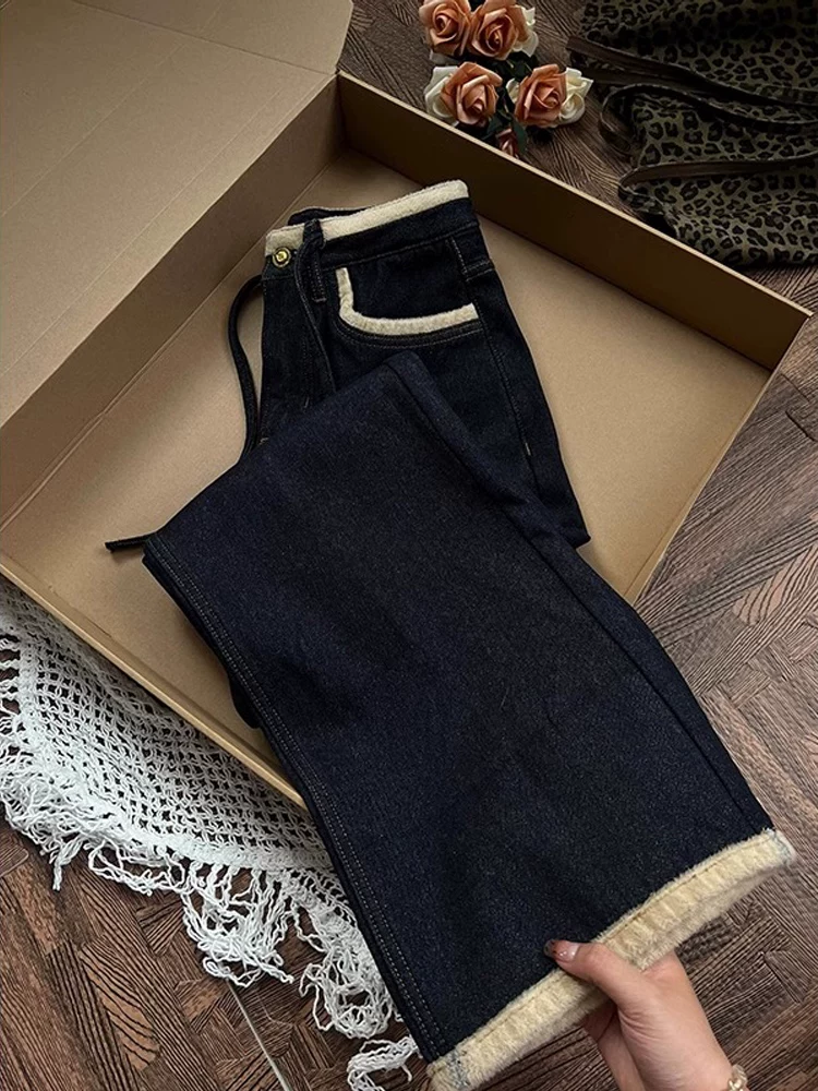 Quần jean ống đứng dày màu xanh đậm lót lông cừu dành cho nữ, cỡ lớn mùa đông, cạp cao, giảm béo, tăng chiều cao, quần ống rộng rộng rãi.
