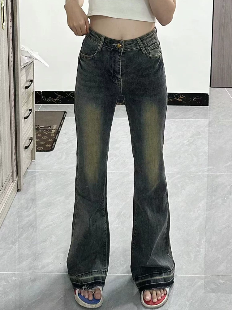 Quần jean dáng loe kiểu Mỹ cổ điển dành cho nữ, size lớn mùa thu, kiểu dáng thời trang, cạp cao, che hông, quần ống chuông tôn dáng.