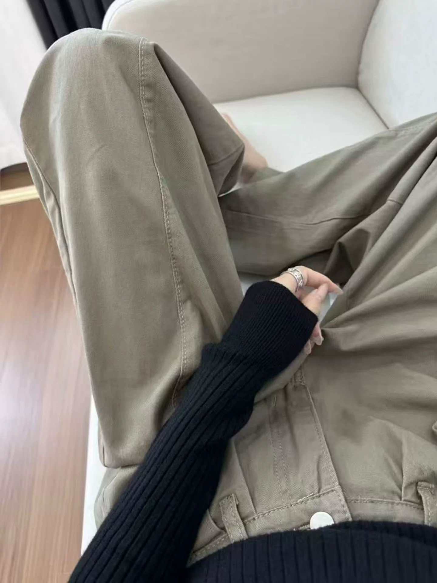 Quần kaki cargo kiểu Mỹ dành cho nữ, mùa thu, cỡ lớn, lưng cao, dáng rộng, tôn dáng, quần ống rộng kiểu scimitar