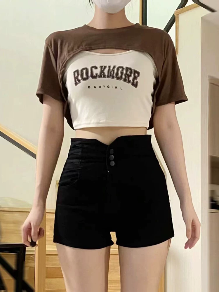 Quần short denim đen dáng quả lê dành cho nữ, size lớn mùa hè, cạp cao, che hông, thon gọn, quần chữ A co giãn