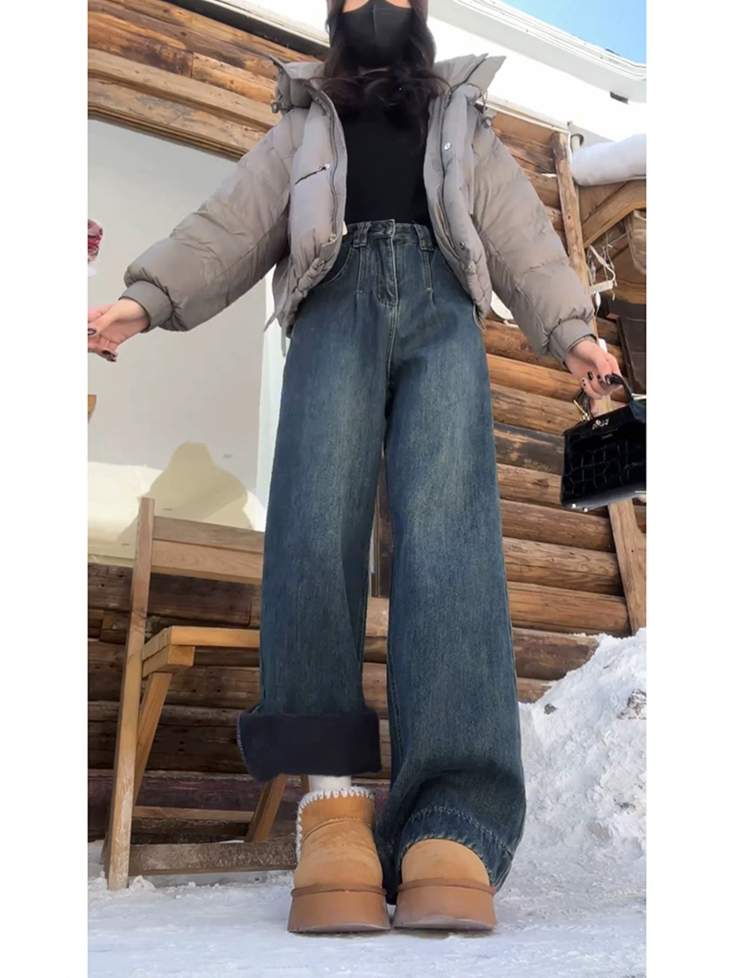 Quần jean ống thẳng dày lót lông cừu màu xanh cổ điển dành cho nữ, mùa thu đông, cỡ lớn, dáng quả lê, quần ống rộng cạp cao, giảm béo