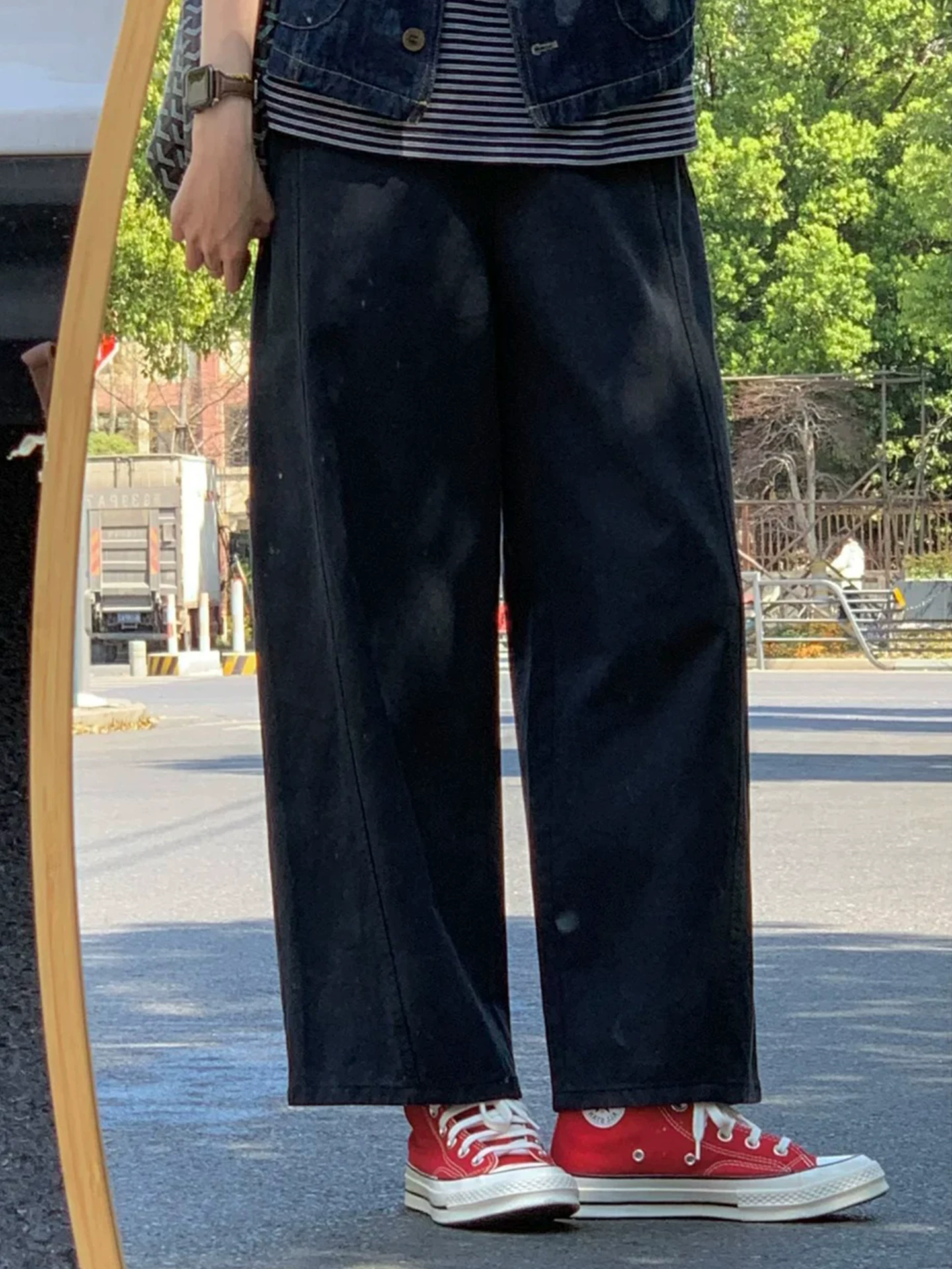 Quần ống rộng lưng cao kiểu Nhật dành cho nữ, cỡ lớn, quần chín phần dành cho người có thân hình quả lê, che hông, giảm béo, quần cargo ống thẳng