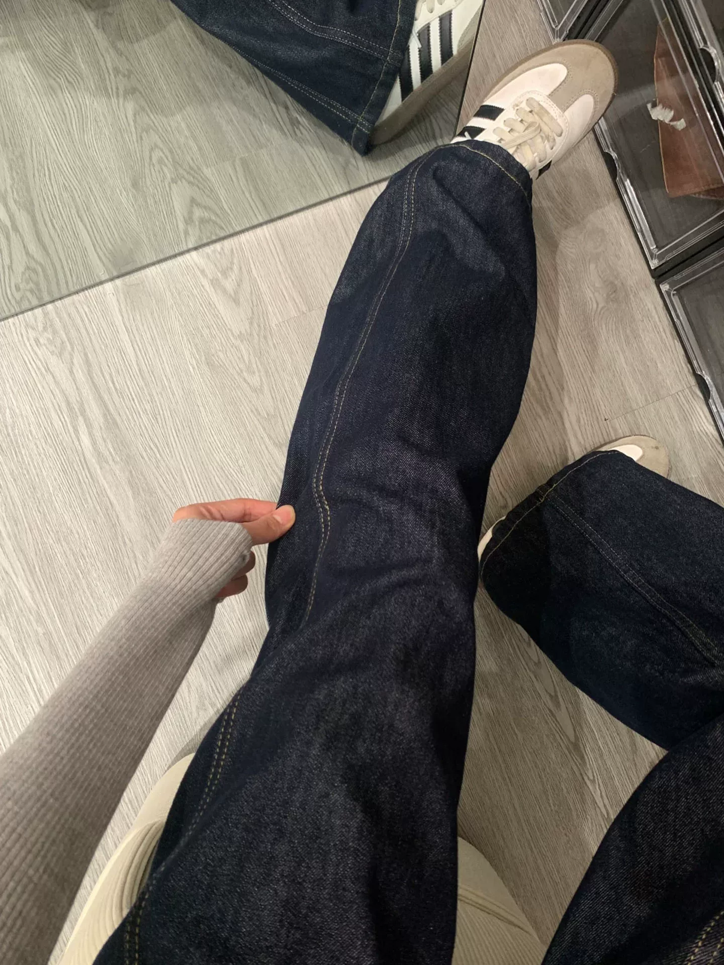 Quần jean ống đứng màu xanh đậm dành cho nữ, mùa thu, cỡ lớn, lưng cao, che hông, giảm béo, dáng quả lê, quần ống rộng