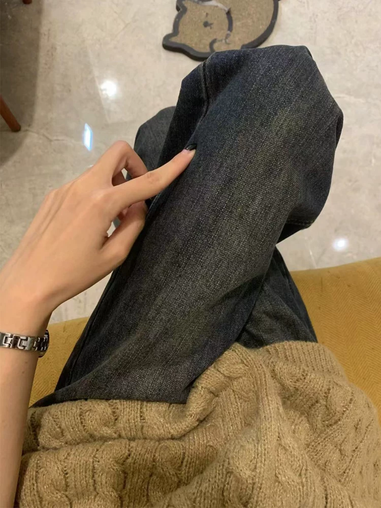 Quần jean ống rộng dáng quả lê dành cho nữ, size lớn mùa thu, lưng cao, dáng rộng, tôn dáng, không bó sát chân, quần ống chuông