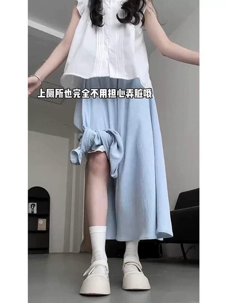 Quần culottes màu xanh dành cho nữ, mùa hè, cỡ lớn, lưng cao, che bụng, giảm béo, dáng quả lê, nhỏ nhắn, quần ống rộng thông thường