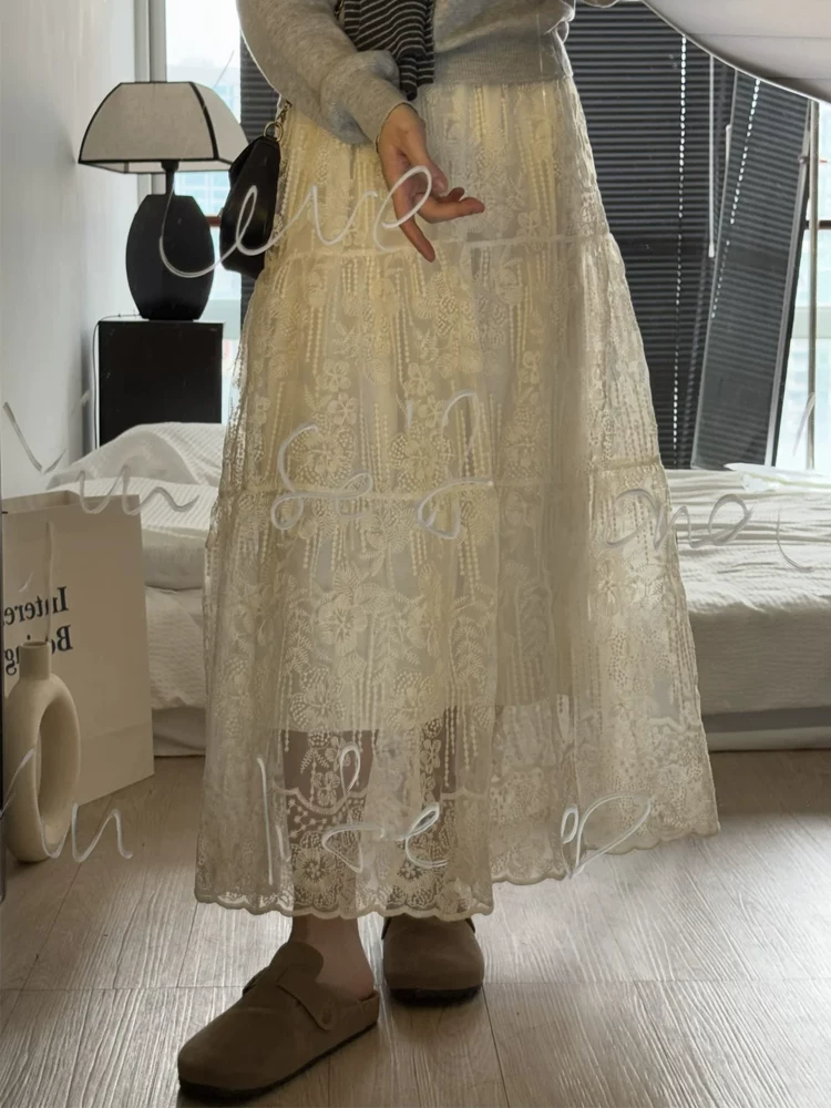 Váy ren nữ, kiểu dáng mới mùa xuân, size lớn, lưng cao, che hông, giảm béo, dáng quả lê, váy chữ A dài vừa phải