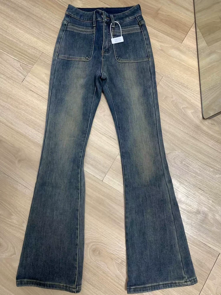 Quần jean ống đứng loe dành cho nữ, mùa thu đông, cỡ lớn, dày dặn có lót lông cừu, không bó sát ở chân, cạp cao, co giãn, quần ống loe che hông.