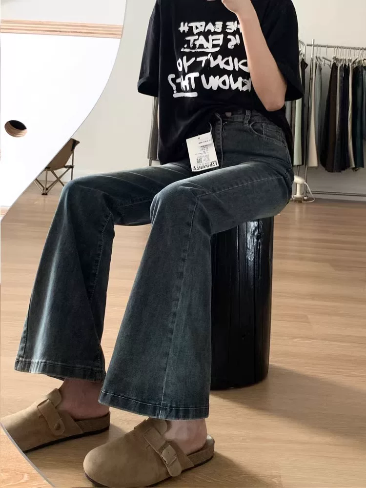 Quần jean xòe màu xanh cổ điển dáng quả lê dành cho nữ phong cách đầu thu cỡ lớn quần ống rộng che hông cạp cao giảm béo