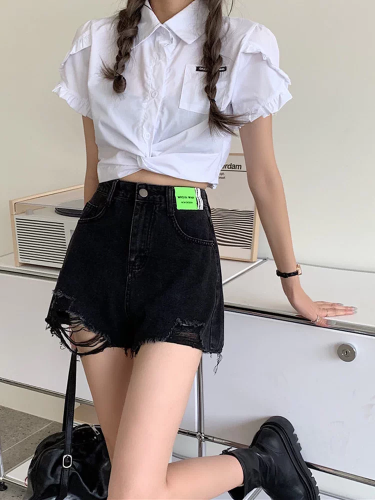 Quần short denim đen mỏng mới mùa hè dành cho nữ cỡ lớn, cạp cao, thon gọn, quần ống rộng dáng chữ A nhỏ nhắn.