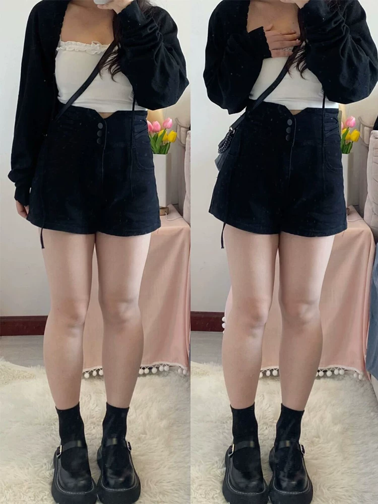 Quần short denim cạp cao che bụng cỡ lớn dành cho nữ, kiểu dáng mỏng mùa hè, dáng quả lê, co giãn, quần chữ A giảm béo