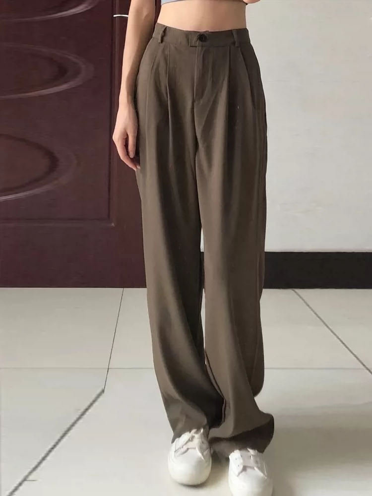 Quần ống rộng dáng quả lê dành cho nữ, phong cách đầu thu, dáng hơi mũm mĩm, cảm giác cao cấp, mềm mại, lưng cao, quần kiểu dáng thon gọn