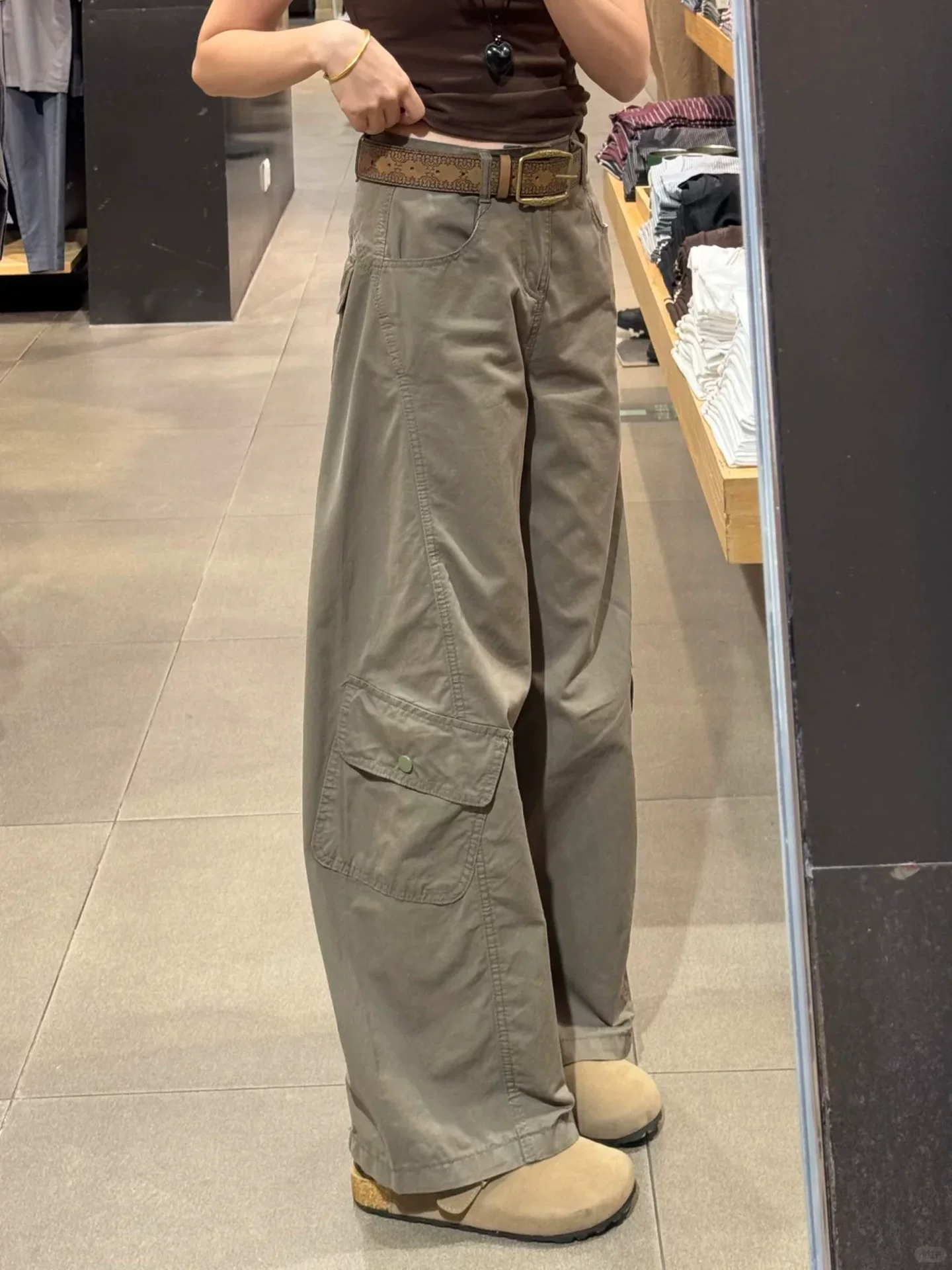 Quần cargo dáng lửng kiểu Mỹ dành cho nữ, mùa thu, cỡ lớn, lưng cao, dáng rộng, tôn dáng, nhỏ nhắn, quần ống rộng hình liềm