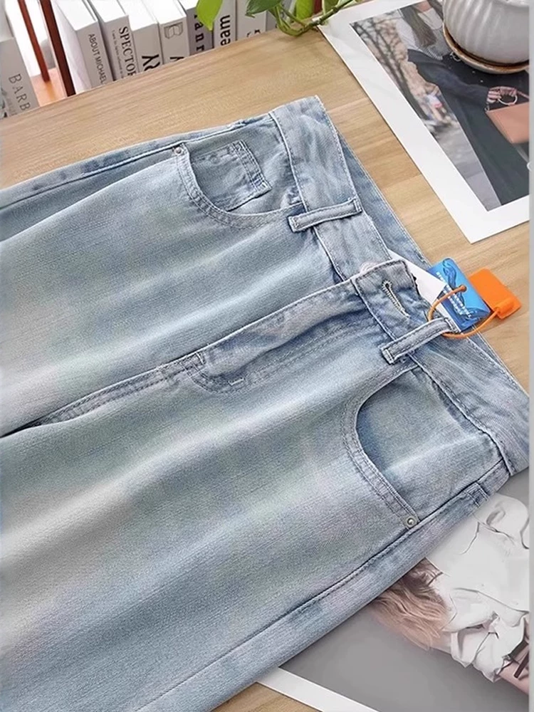 Quần jean Tencel màu xanh nhạt dành cho nữ, kiểu dáng mỏng mùa hè, cỡ lớn, lưng cao, dáng rộng, tôn dáng, quần ống rộng bằng vải lụa băng mềm mại.