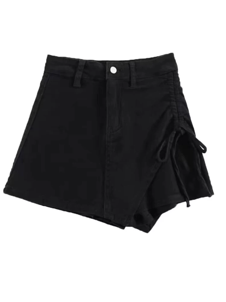 Quần short denim đen dáng quả lê dành cho nữ, size lớn mùa hè, cạp cao, co giãn, che hông, quần short váy chữ A giúp thon gọn.