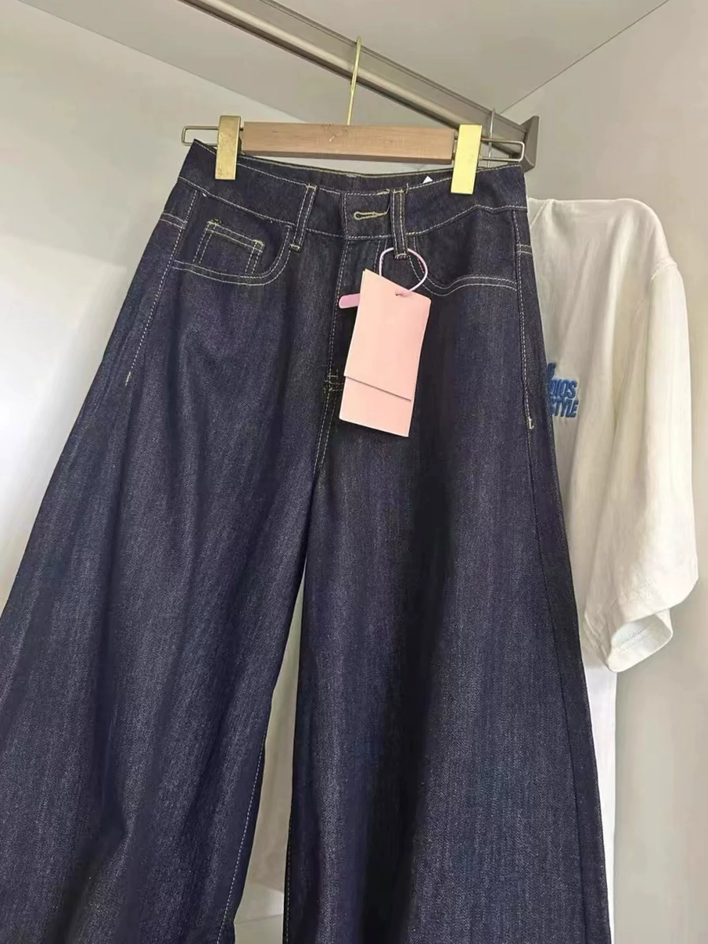 Quần jean ống rộng màu xanh đậm dành cho nữ, size lớn mùa hè, quần dài dáng rộng cạp cao mới mùa thu, dáng suông tôn dáng, dài chấm đất