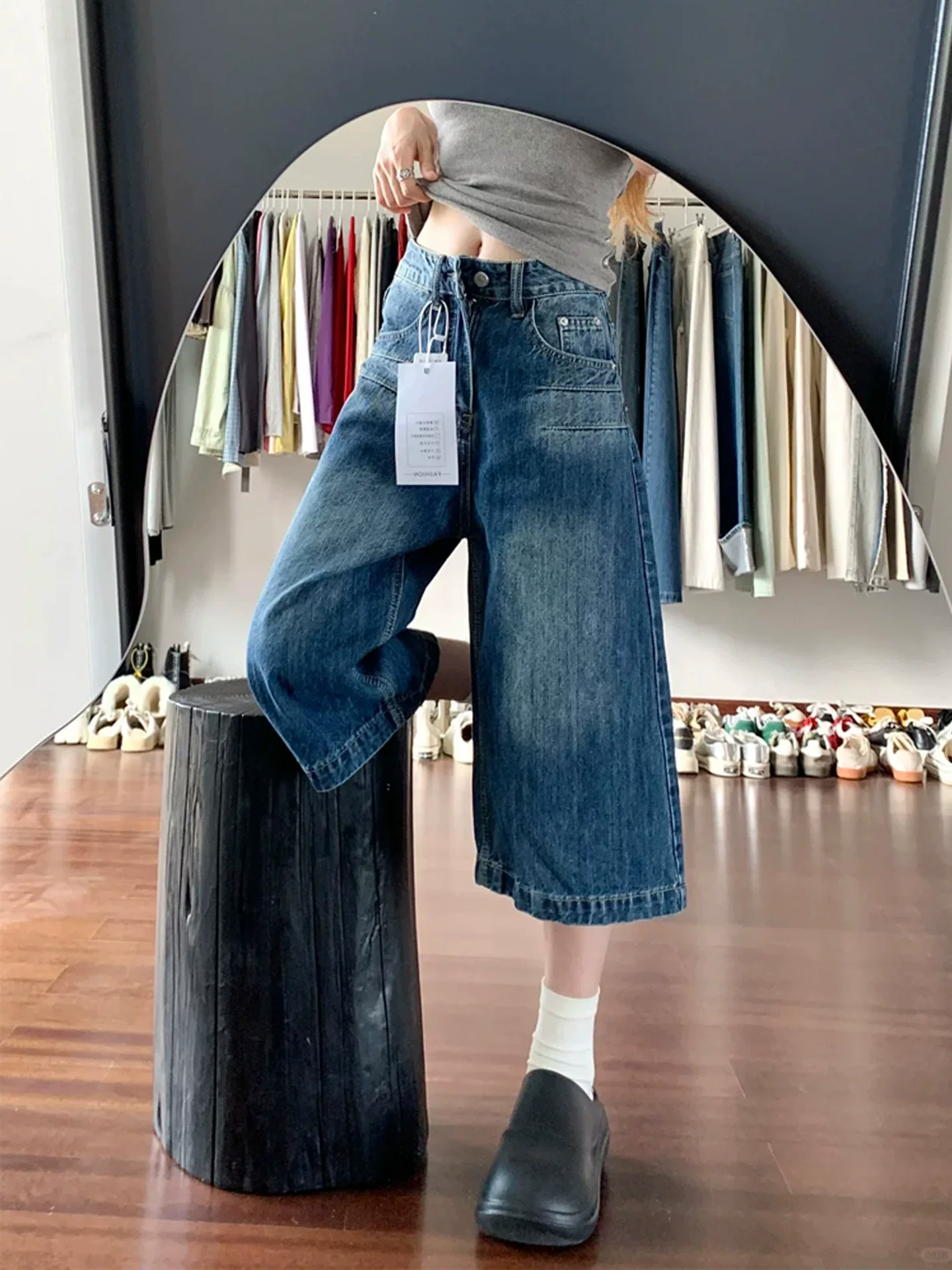 Quần jean xanh đậm dành cho nữ, cỡ lớn mùa hè, cạp cao, dáng rộng, tôn dáng, quần ống rộng dài vừa phải.