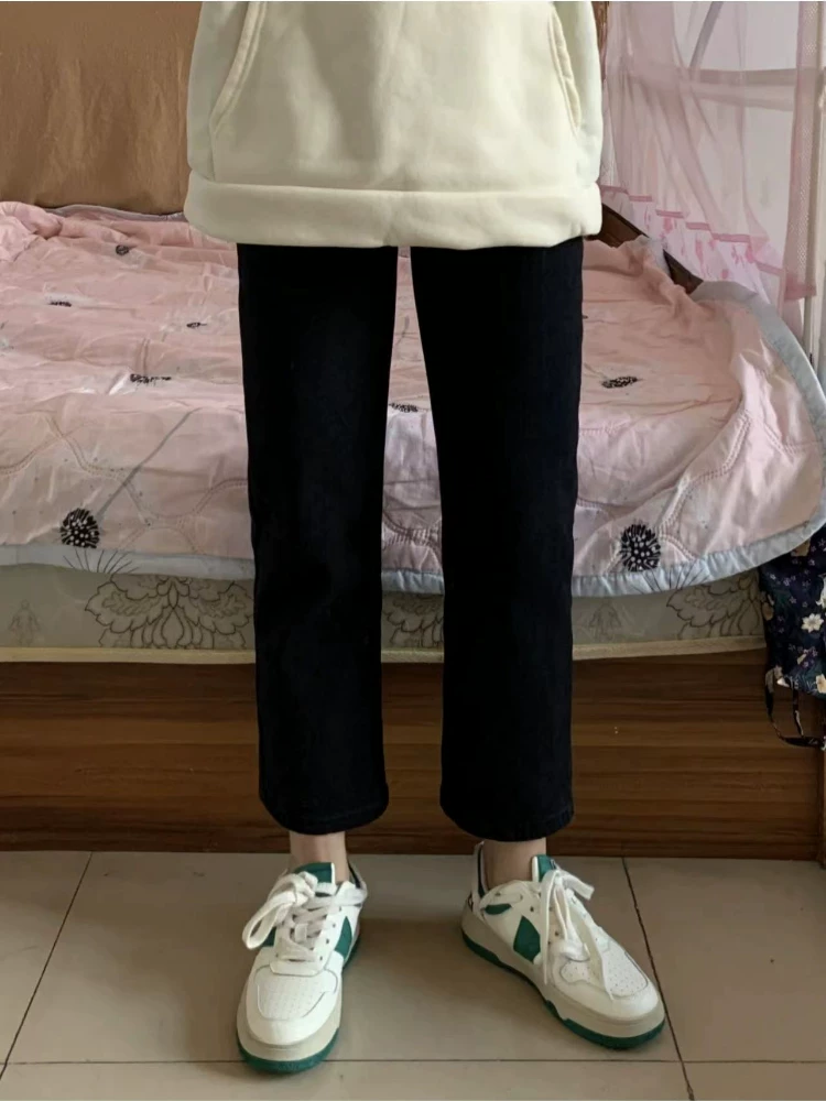 Quần jean ống đứng dáng quả lê dành cho nữ, mùa thu đông, lót lông cừu, dáng nhỏ nhắn, cỡ lớn, cạp cao, quần thuốc lá thon gọn