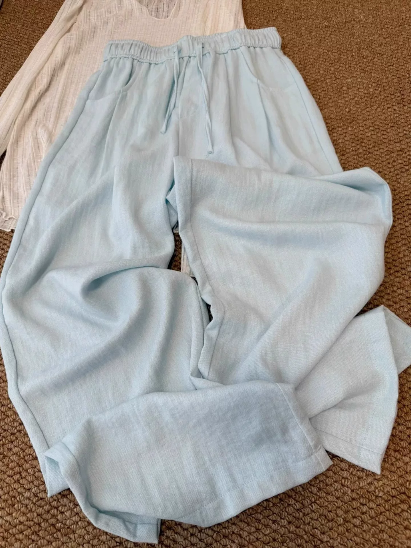 Quần ống rộng vải lanh màu xanh dành cho nữ, mùa hè, cỡ lớn, lưng cao, giảm béo, dáng suôn, dáng quả lê, quần cotton-linen thường ngày chất liệu Tencel