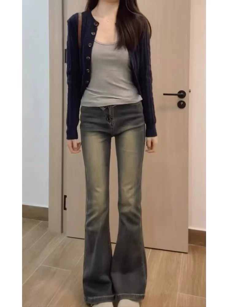 Quần jean ống loe kiểu Mỹ dành cho nữ, đầu thu, cỡ lớn, lưng cao, co giãn, giảm béo, dáng quả lê, quần ống loe