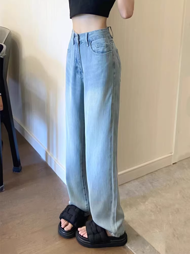 Quần jean ống rộng Tencel màu sáng dành cho nữ, cỡ lớn, kiểu dáng mỏng mùa hè, lưng cao, dáng rộng, tôn dáng, quần dài xếp tầng