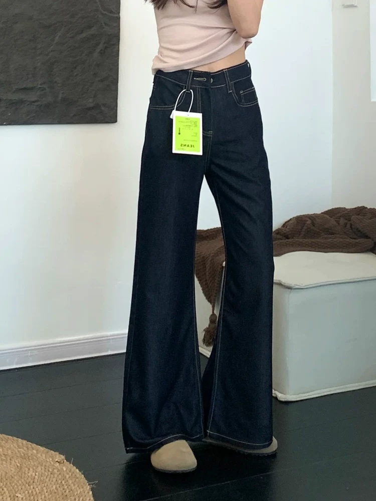 Quần jean xòe màu xanh đậm chất liệu Tencel dành cho nữ, kiểu dáng mỏng mùa hè 2025, size lớn, cạp cao, chất liệu mềm mại, tôn dáng, kiểu dáng chuông.