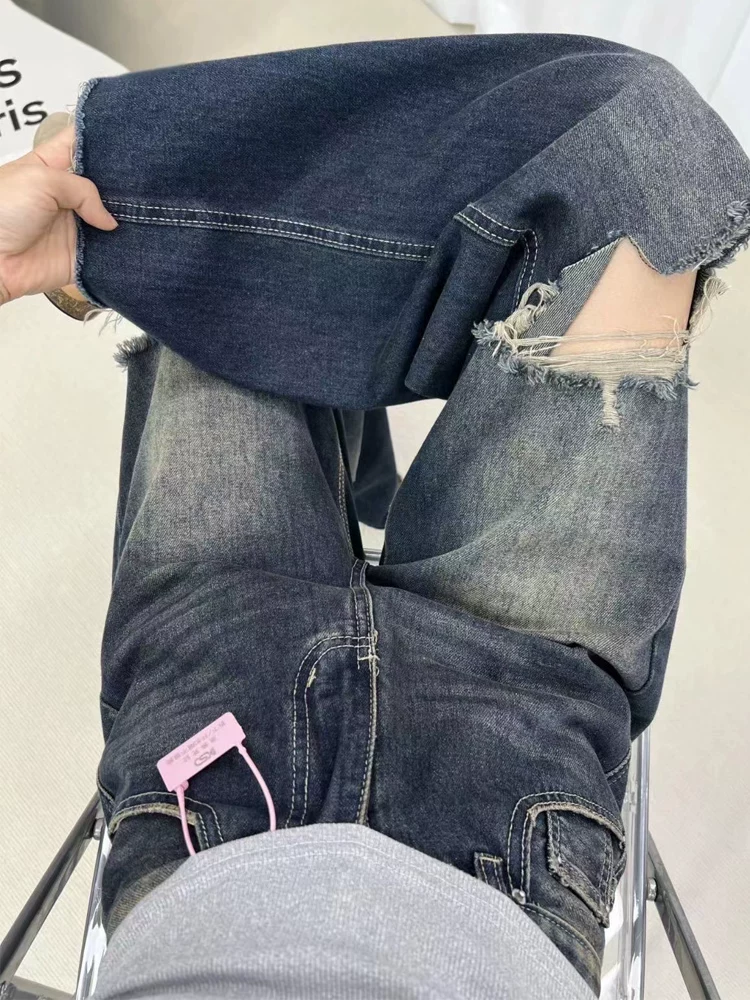 Quần jean rách cho nữ, kiểu dáng mùa hè mới, mỏng, cỡ lớn, lưng cao, dáng rộng, giảm béo, quần ống thẳng, quần ống rộng che hông