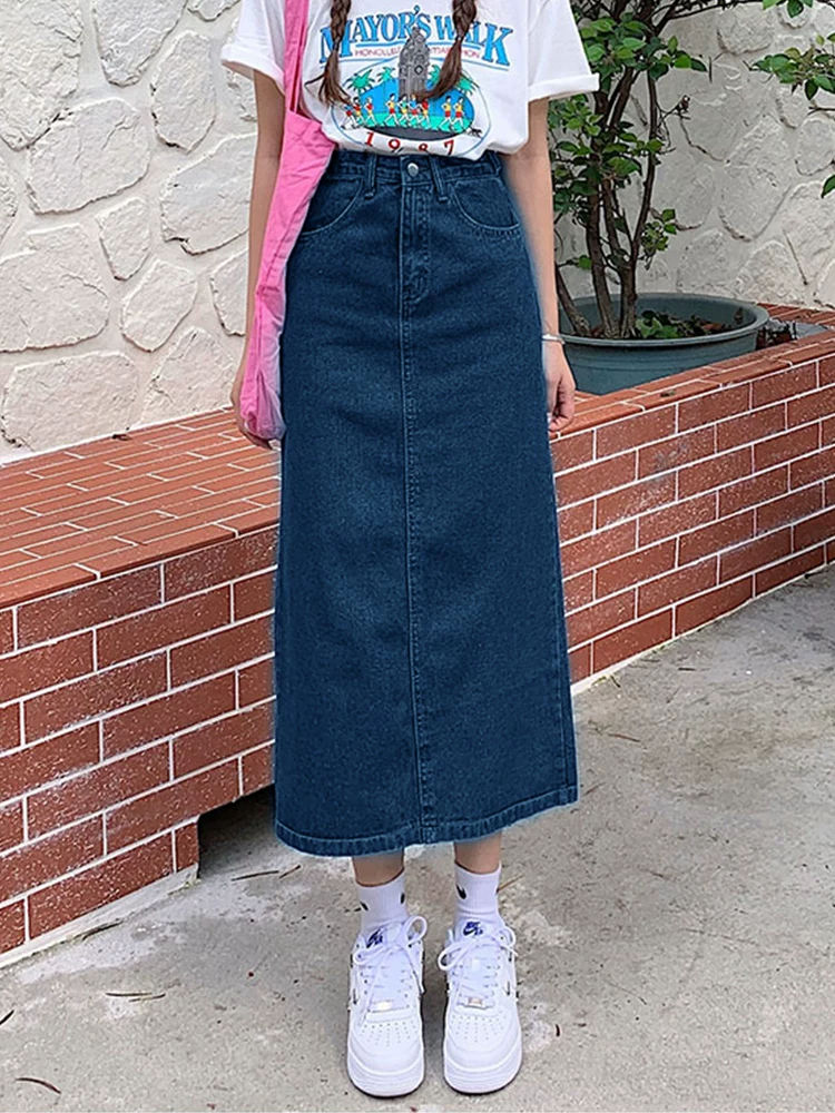 Phong cách mới mùa hè dành cho phụ nữ hơi mũm mĩm, dáng quả lê, che hông, giảm béo, váy denim chữ A dài vừa phải, cạp cao