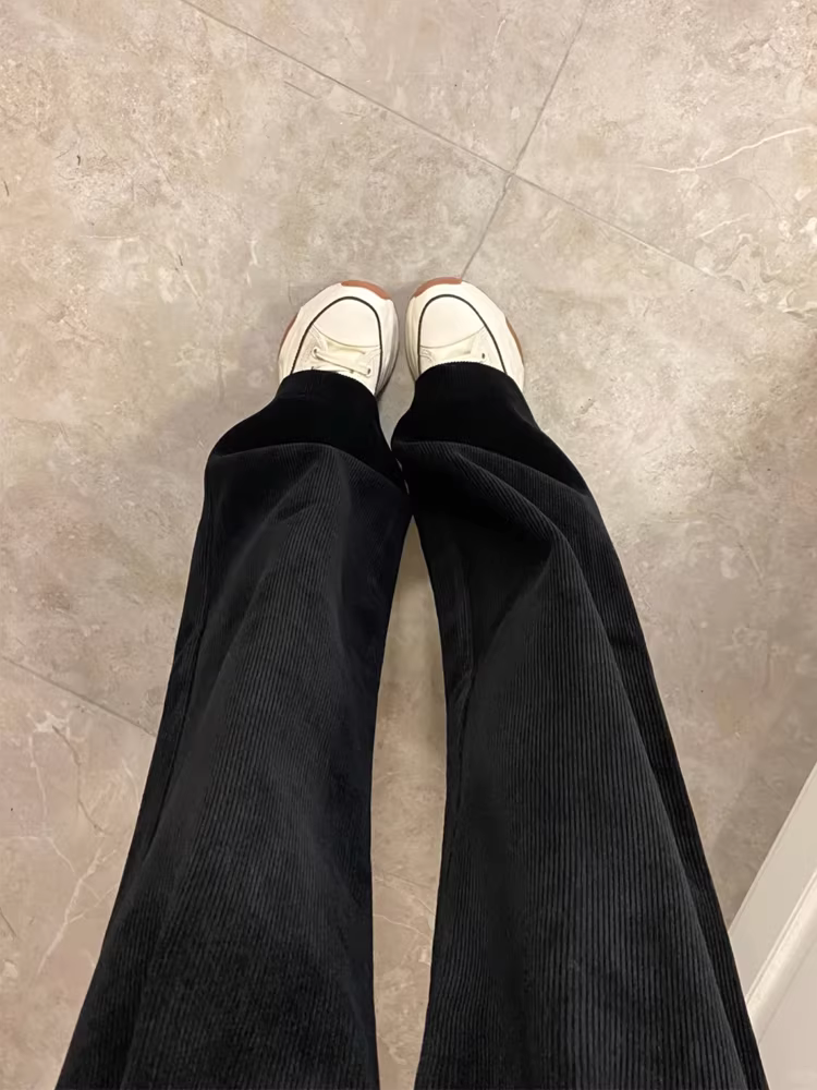 Quần âu nữ chất liệu corduroy mùa thu đông 2024 kiểu mới, lót lông dày dặn, size lớn, cạp cao, dáng suôn, che hông, tôn dáng, ống rộng